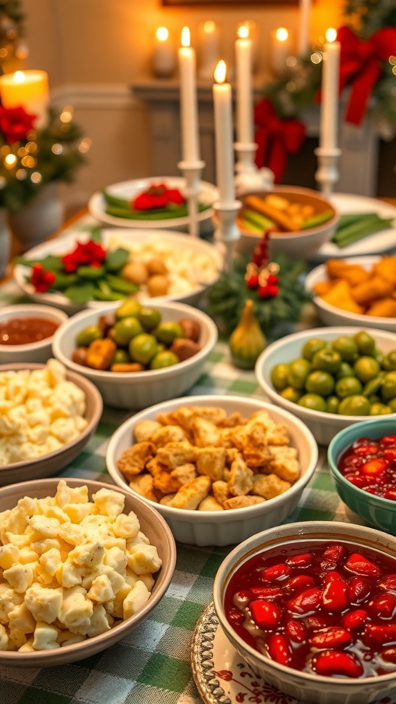 Classic Christmas Dinner Side Dishes A festive Christmas dinner table with various side dishes including mashed potatoes, green bean casserole, roasted Brussels sprouts, and cranberry sauce.